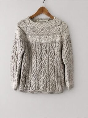 Aran Mor cream Fleck 100% merino wool cable knit fisherman sweater Small Ireland